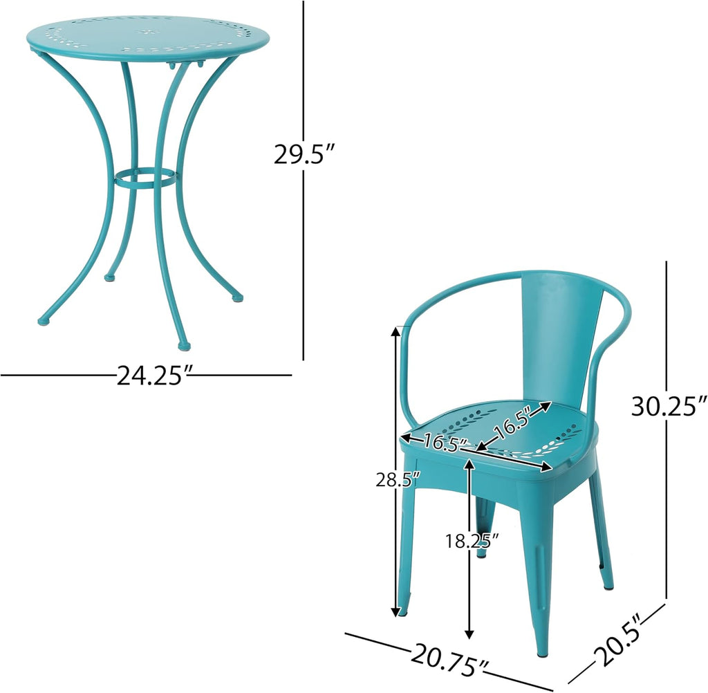 Merax 3 Pieces Bistro Set Iron Retro Bistro Table and Chairs Set of 2 Outdoor Dining Table Set for 2, Round Tabletop, All-Weather for Porch Patio Balcony Lawn Garden (Teal)