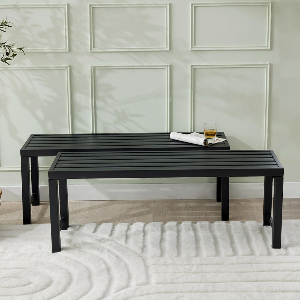 Outdoor Metal Backless Bench, Set of 2,Weatherproof Patio Bench with Slatted Seat, All-Weather Garden Bench for Porch, Patio, Lawn and Backyard, Black