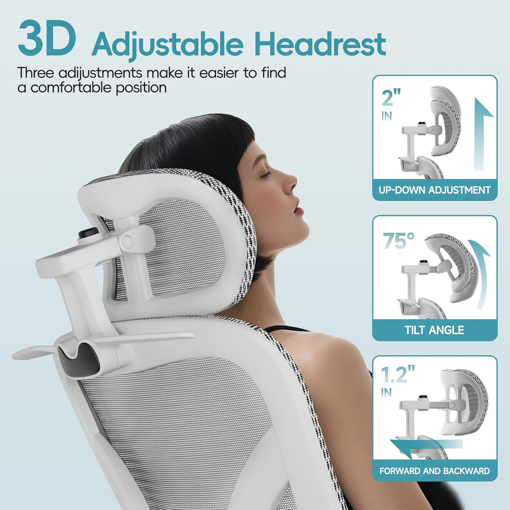Alllion Ergonomic Mesh Office Chair, Home Desk Chair Comfy High Back with Adjustable Lumbar Support, 3D Headrest, Flip-up Arms, Big and Tall Reclining Computer Gaming Chairs for Men Women, Grey