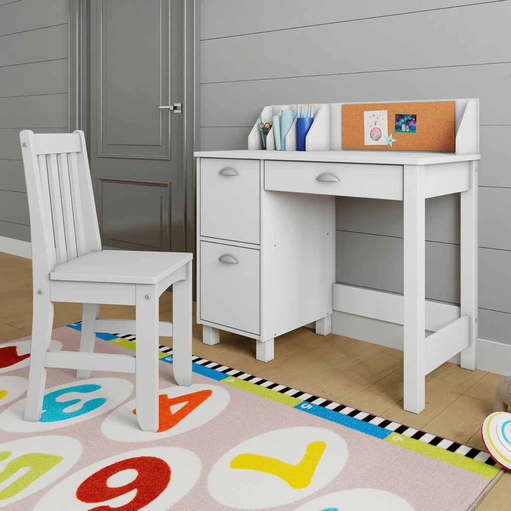 Wooden Study Desk Chair Set For Kids, Writing Desk With Storage Cabinet – Computer And Gaming Workstation Table With Drawers For Bedroom, Study Room, Homeschool (White/Rectangular)