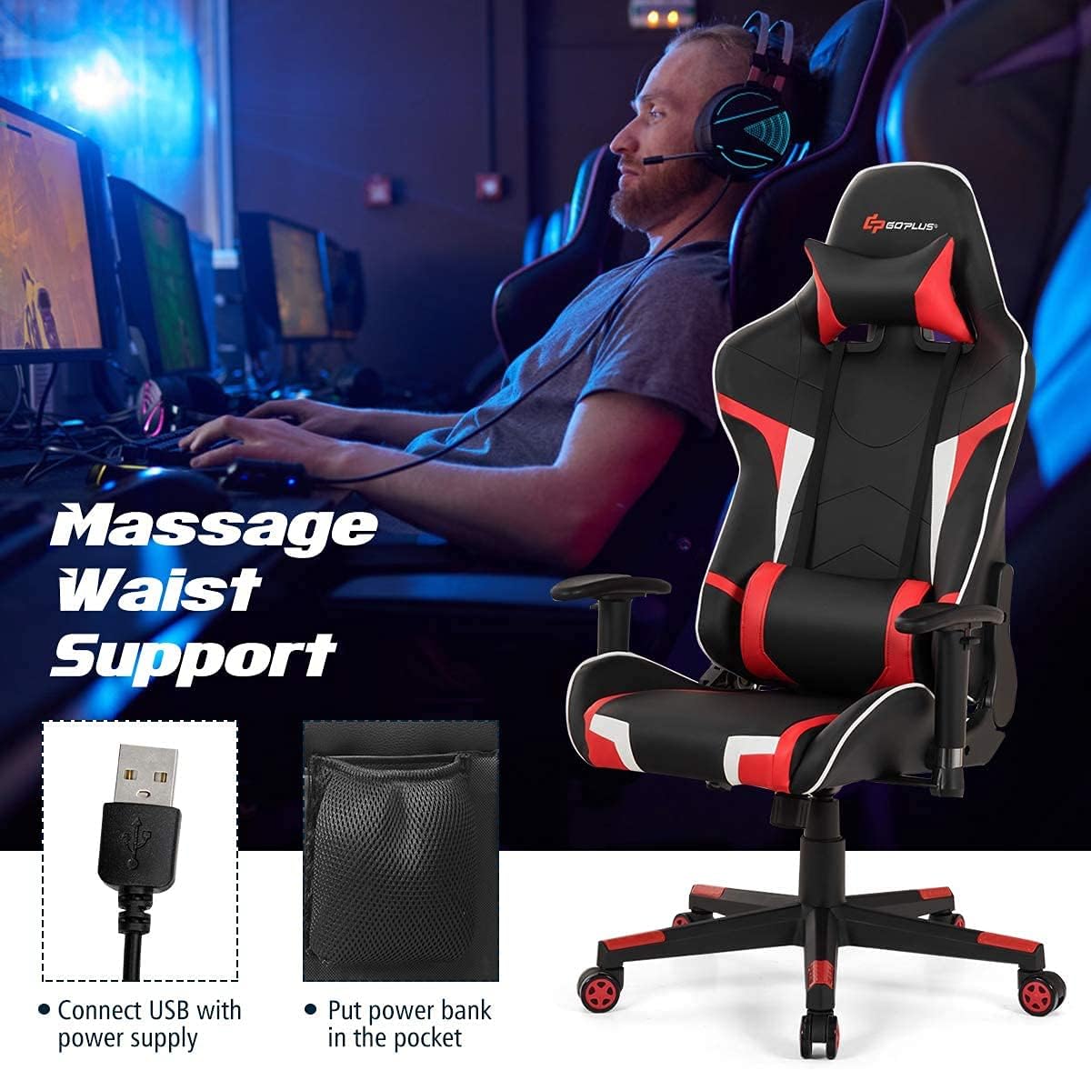 Massage Gaming Chair, High Back Office Computer Chair with Headrest and Lumbar Support, Racing Style Reclining Swiveling Game Chair for Home Office (Red)