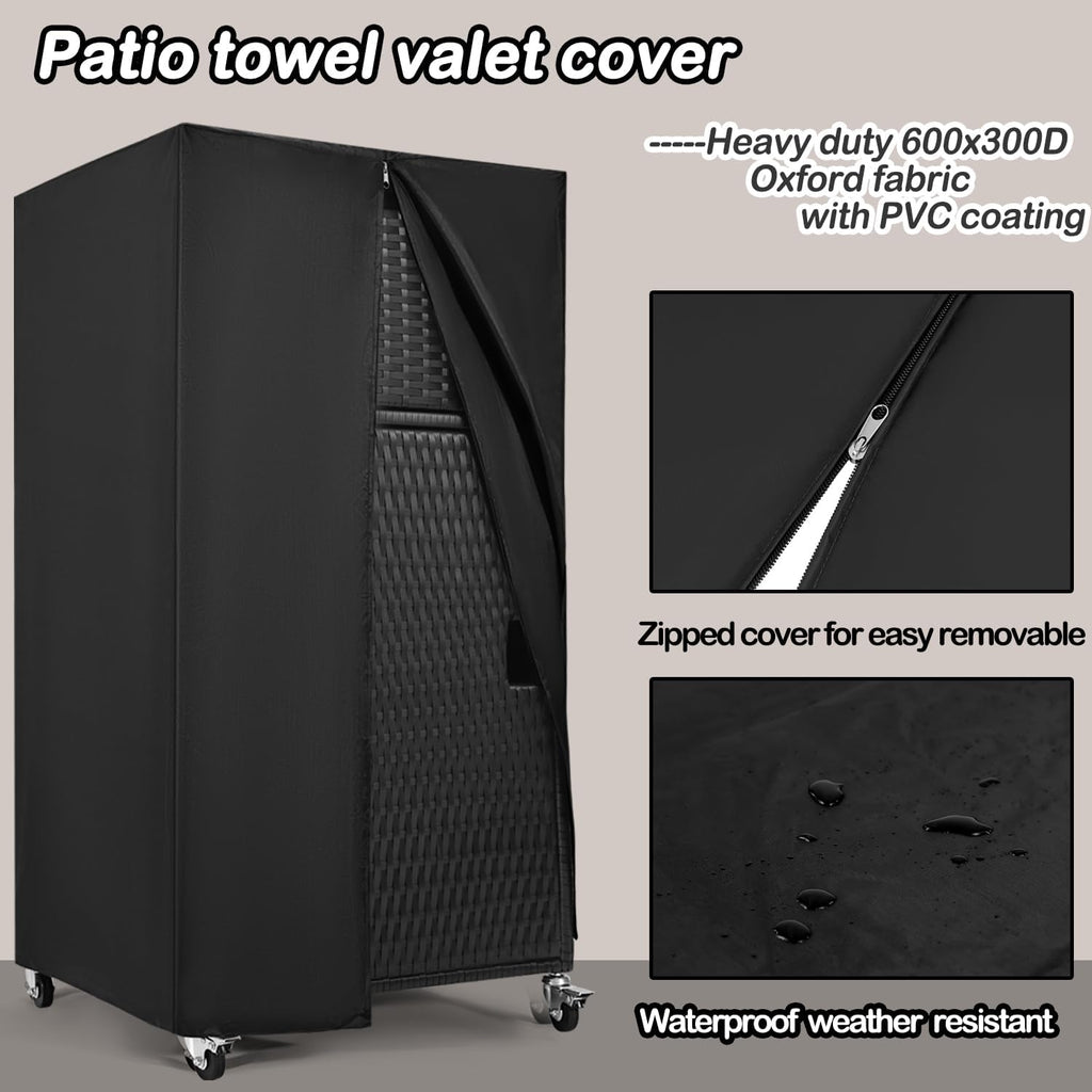Outdoor Pool Towel Storage Cabinet Outdoor Towel Rack for Pool with Shelf & Drawer Pool Towel Hoder with Rolling Wheels Hot Tub Towel Rack W/Waterproof Cover Poolside Towel Valet Caddy for Spa Black