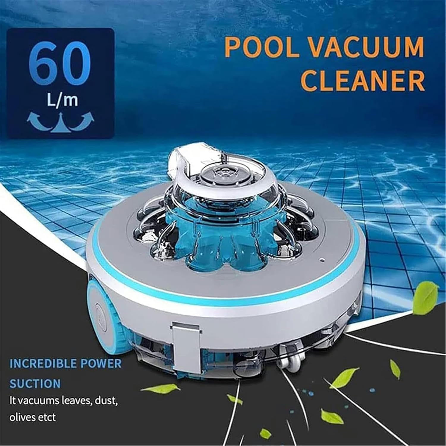 Cordless Pool Cleaner, Robotic Pool Cleaner, Swimming Pools Cleaning Robot, 60 Mins Runtime, Rechargeable Battery