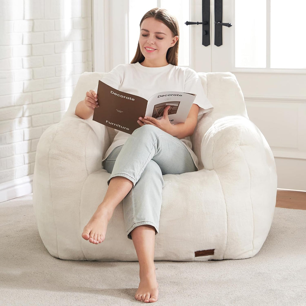 Hobestluk Bean Bag Chair for Adult Small Bean Bag Chairs with Arms Furry Beanbag Chair with Foam Filler Stuffed Bean Bag Sofa for Reading in Bedroom Living Room and Dorms(White)