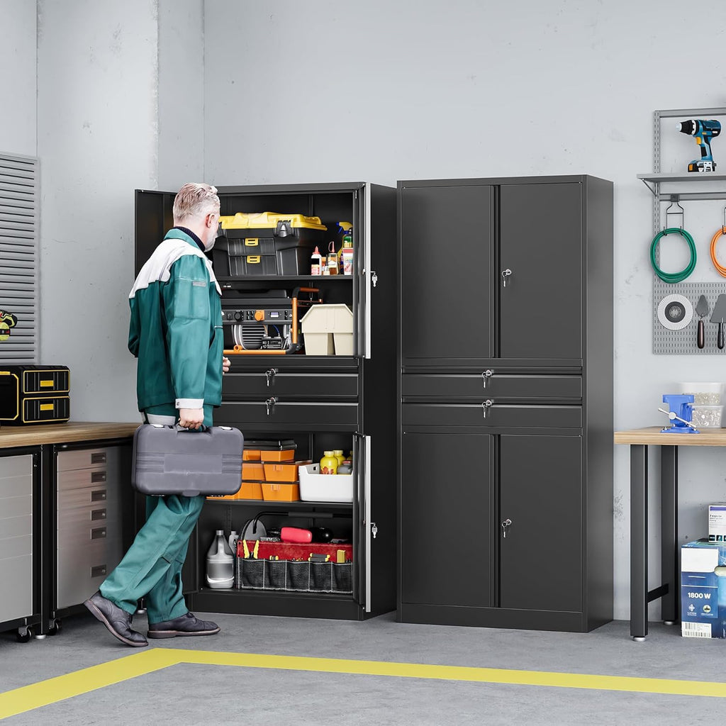 Letaya Metal Garage Storage Cabinet,71' Heavy Duty Steel Tool Cabinet with 4 Door Lock-Adjustable Shelves and 2 Drawer for Garage Home Office Utility Room (Black)