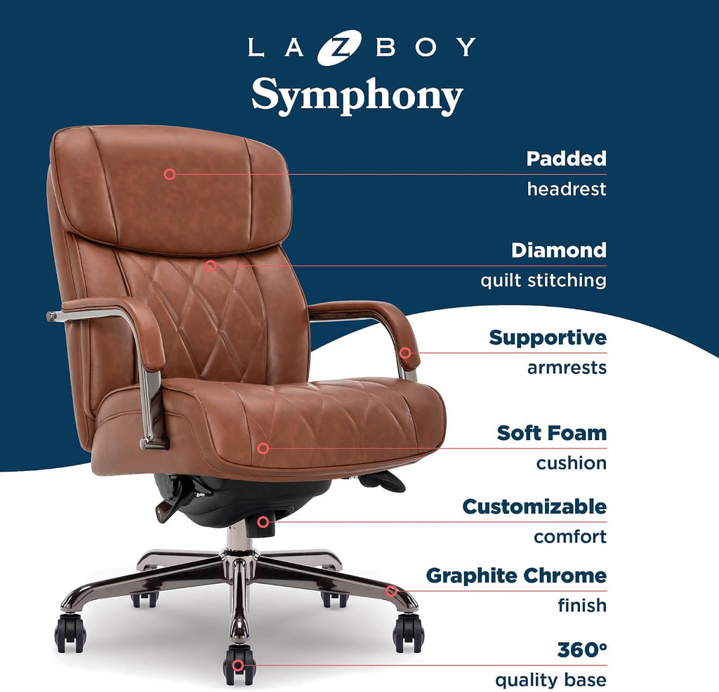 La-Z-Boy Symphony Executive Mid-Back Office Chair, Diamond Quilt Seat and Back, Pocket Coil Cushion, Padded Armrests, Ergonomic Computer DeskChair, Swivel Metal Base, Bonded Leather, Cognac/Graphite
