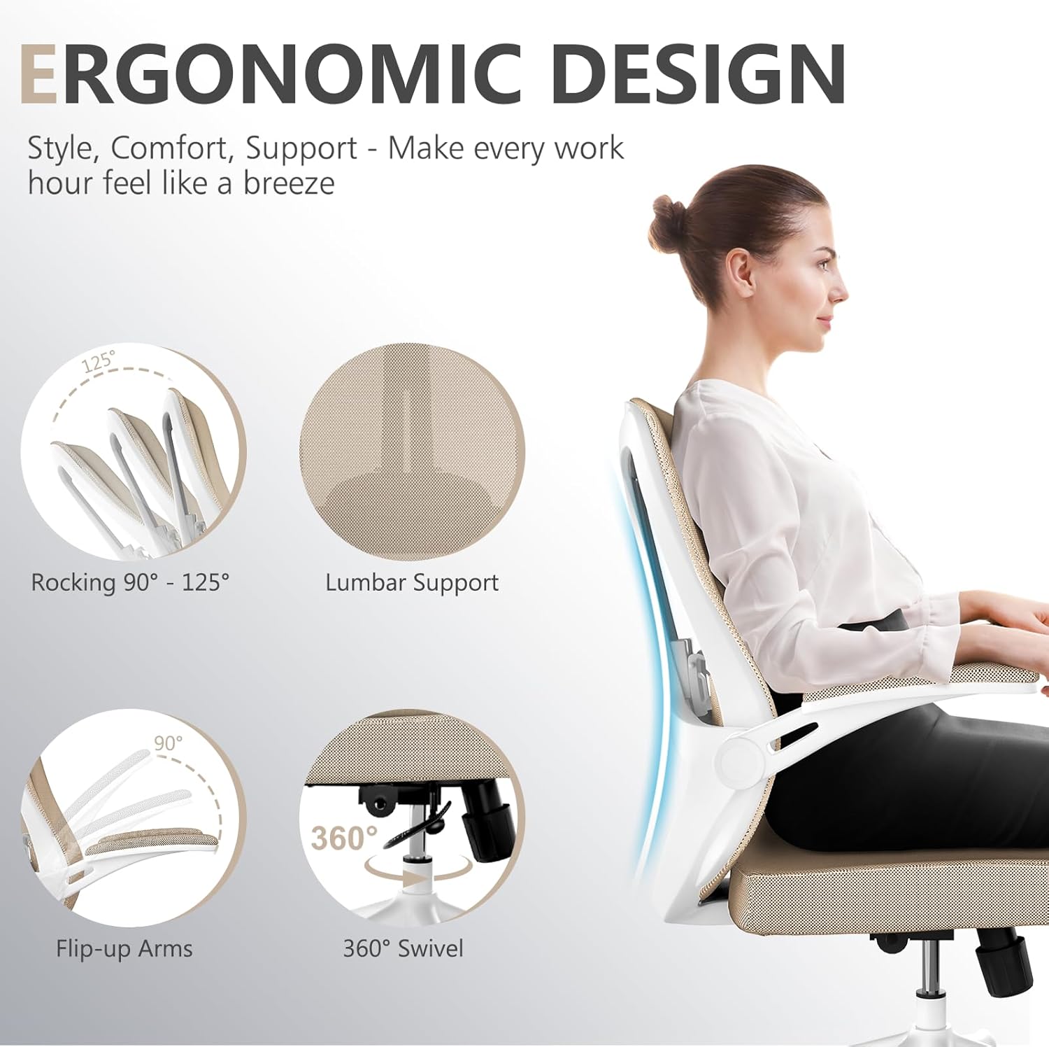 Ergonomic Office Chair with Lumbar Support, High Back Mesh Desk Chair with Flip-Up Arms, Adjustable Computer Task Chair, Khaki