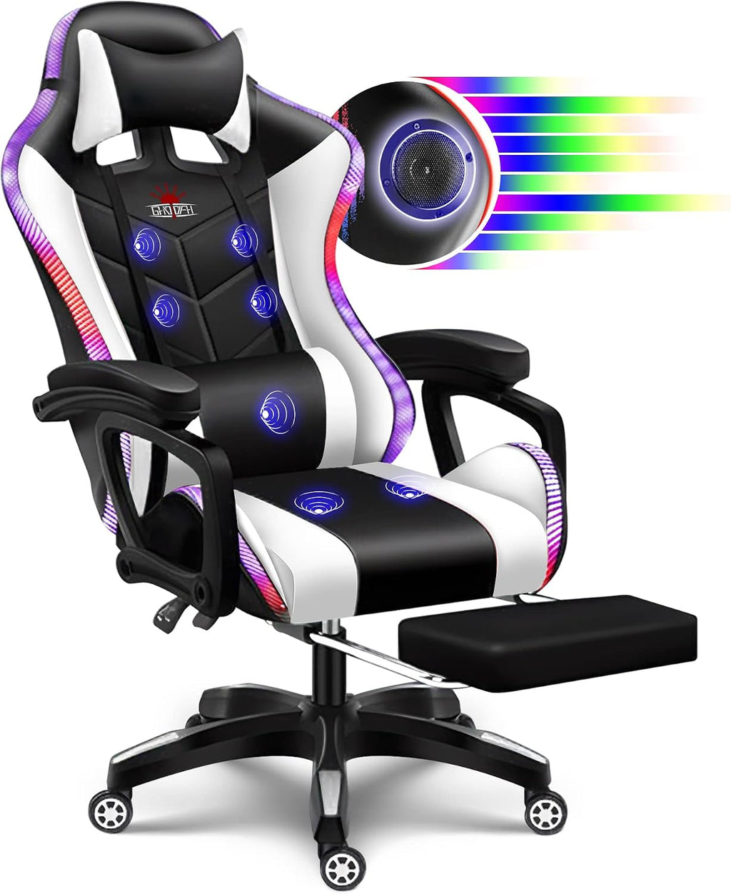 RGB Gaming Chair with Speakers and Massage, Racing Computer Chair with Massage and Footrest for Office or Gaming. (Black+White)