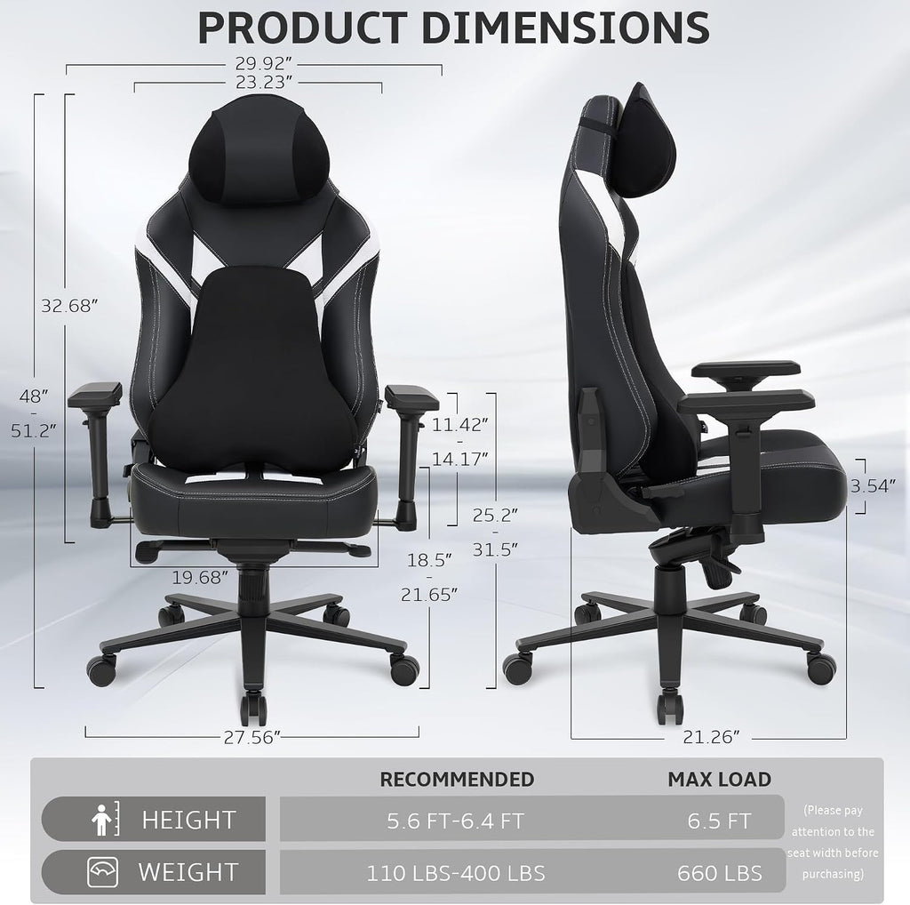 Ergonomic Gaming Chair, Wyrdforging Computer Desk Chairs, 4D Armrests, High Back Office Chair With Headrest & Lumbar Pillow, Tilt Rocker Recliner, Heavy-Duty Base, Black PU Leather & White Suede Combo
