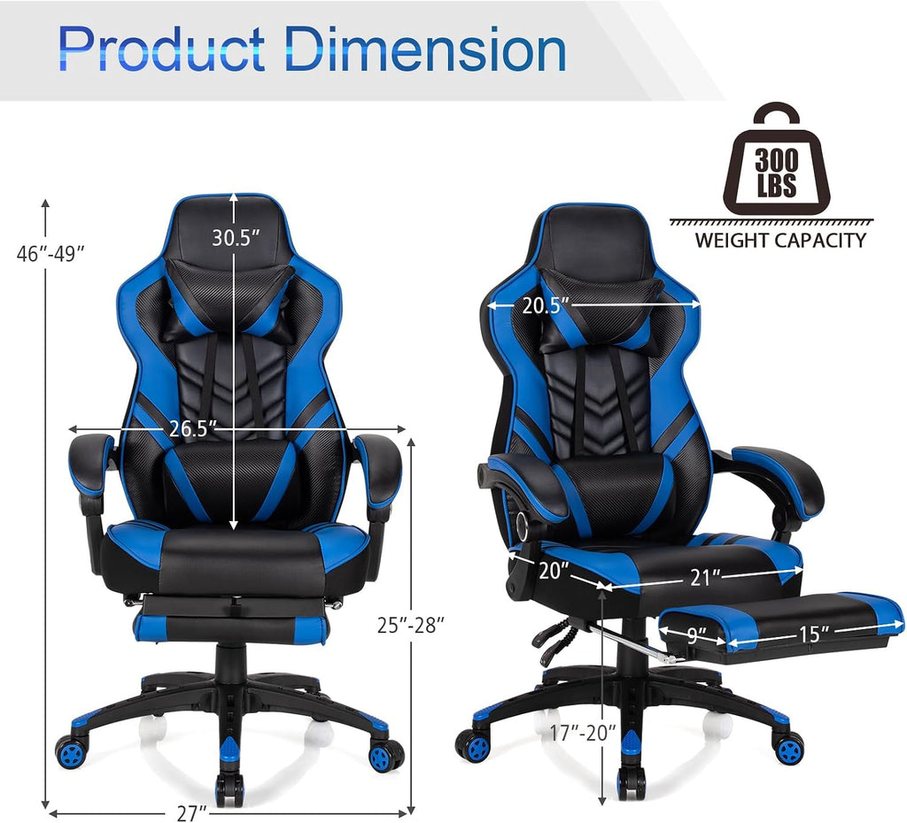 POWERSTONE Gaming Chair Video Game Chair with Footrest and Lumbar Support Racing Style PU Leather Computer Chair Ergonomic Adjustable Swivel Task Chair Blue