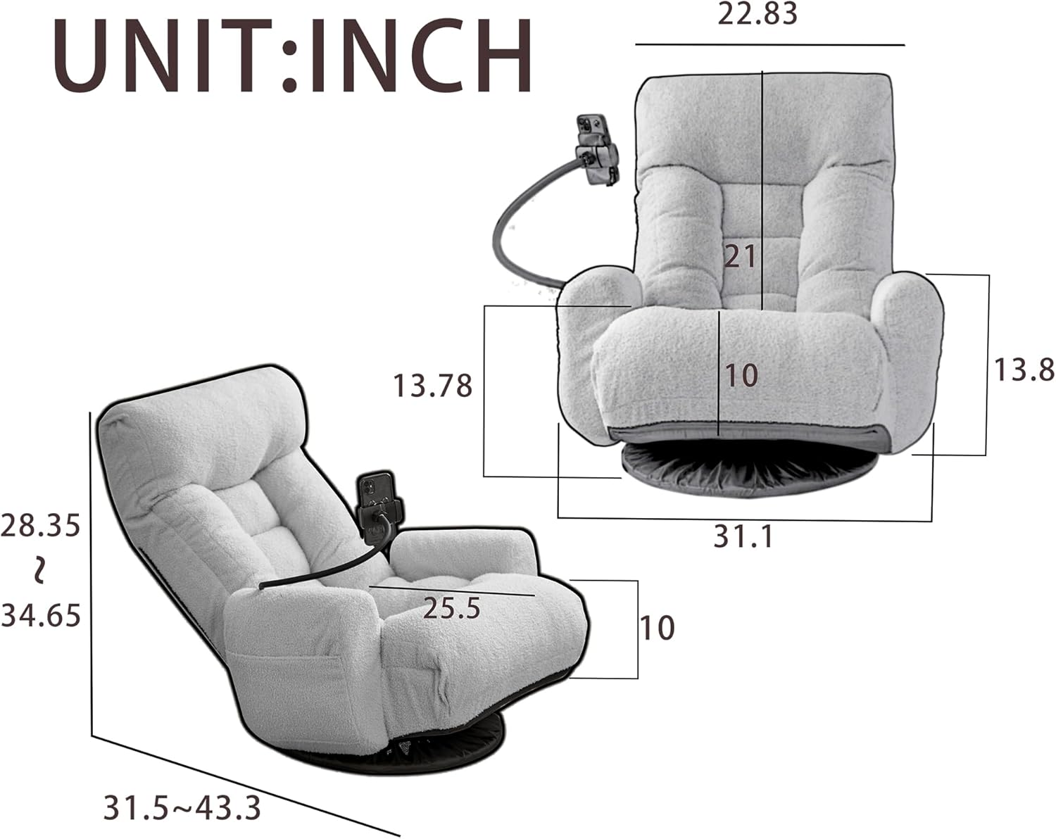 360° Swivel Floor Gaming Chair with 5 Position Adjustable, Folding Gaming Sofas with Phone Holder & Pockets, Cushion Padded Chaise Lounge Chair for Adults, Home Office Floor Leisure Chairs, Grey