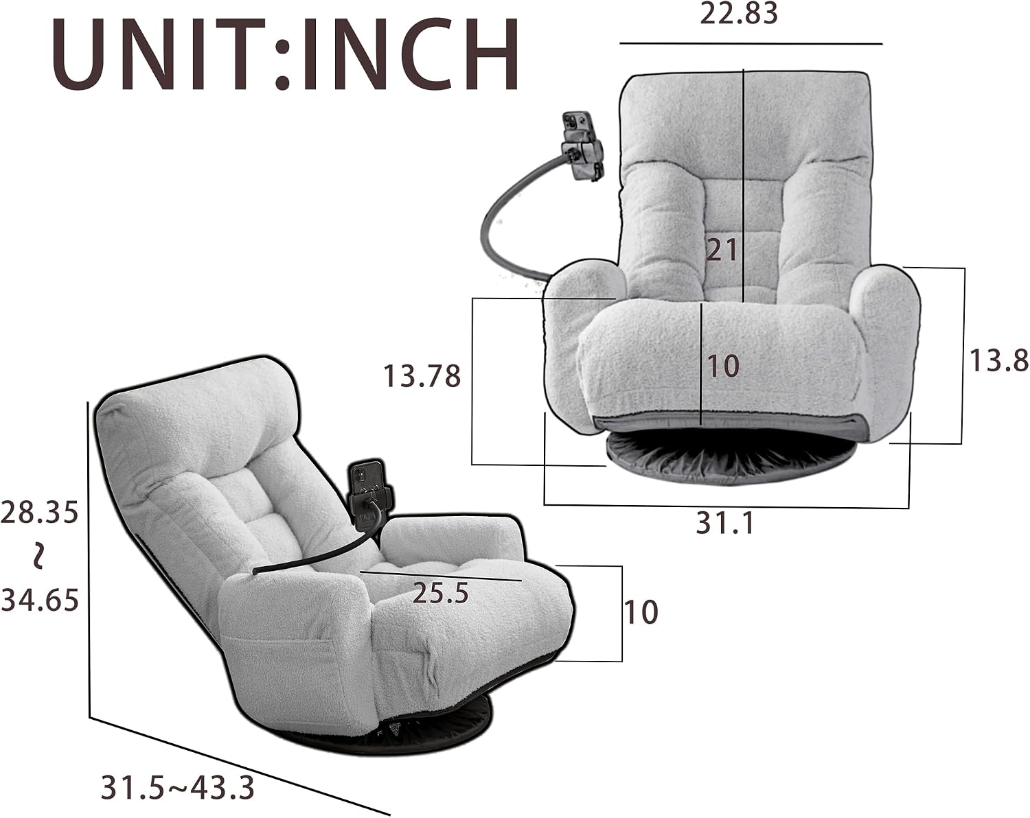 360° Swivel Floor Gaming Chair with 5 Position Adjustable, Folding Gaming Sofas with Phone Holder & Pockets, Cushion Padded Chaise Lounge Chair for Adults, Home Office Floor Leisure Chairs, Green
