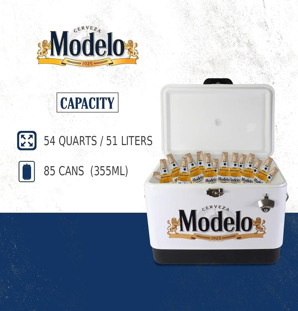 Modelo Ice Chest Cooler - Portable Ice Bucket with Bottle Opener, Vintage Style, Insulated for Camping, Beach, Picnic, RV, BBQs, Tailgating, Fishing, Stainless Steel 85 Can Ice Box, 51L (54 qt)