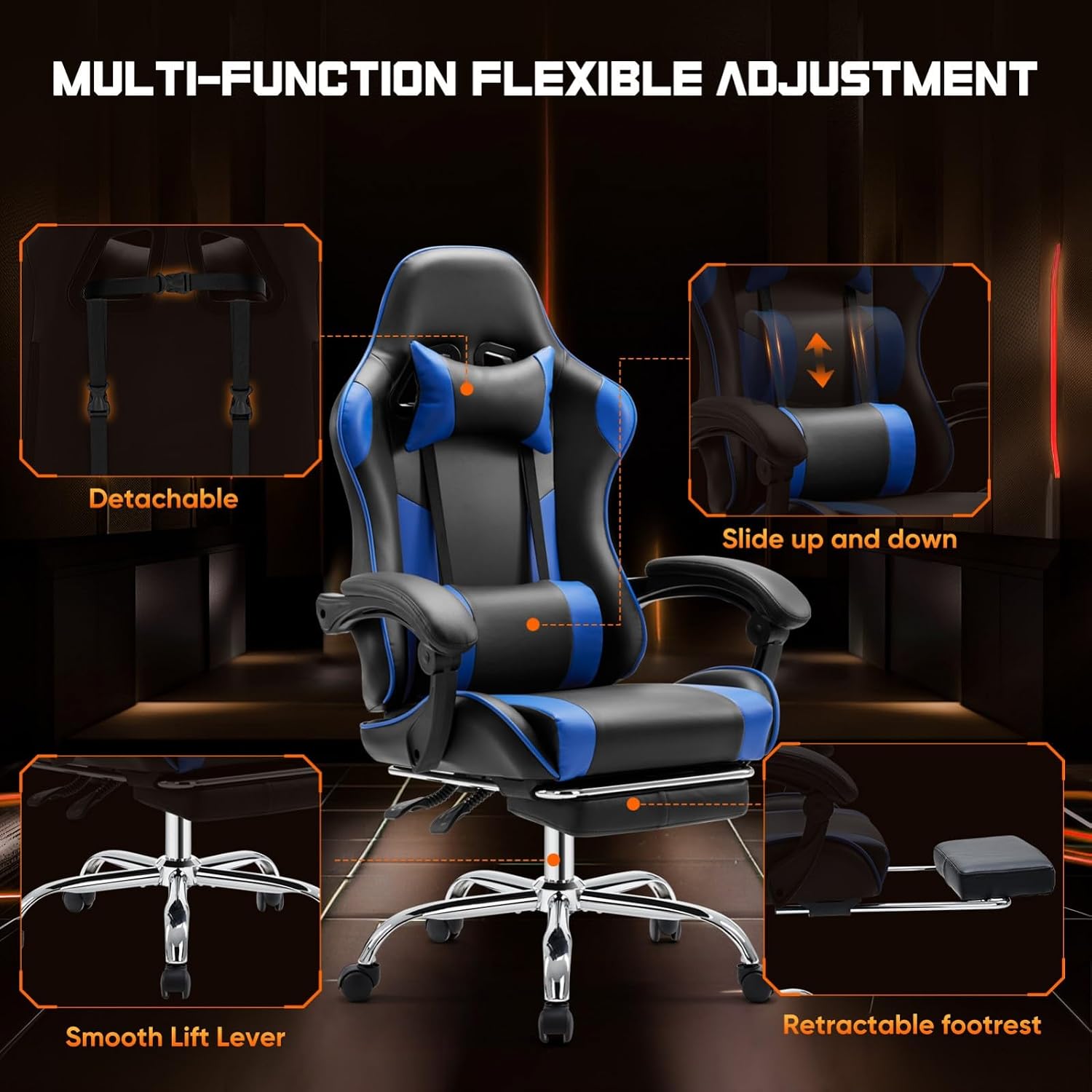 Heavy Duty Gaming Chair, Ergonomic Gamer Chair for Home Office with Footrest, Lumbar Support, Adjustable Backrest, Stable 360° Swivel Wheels for Adults, Professional Gamers and Teens, Blue
