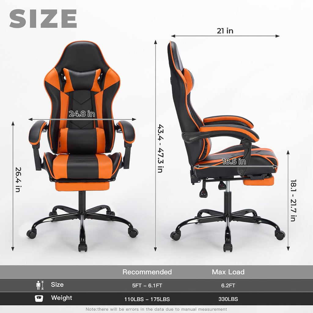 Gaming Chair with Footrest, Ergonomic Computer Chair with Headrest and Lumbar Support, Breathable Material Height Adjustable Swivel Video Game Chairs for Adults, 300lbs Max, Black & Orange