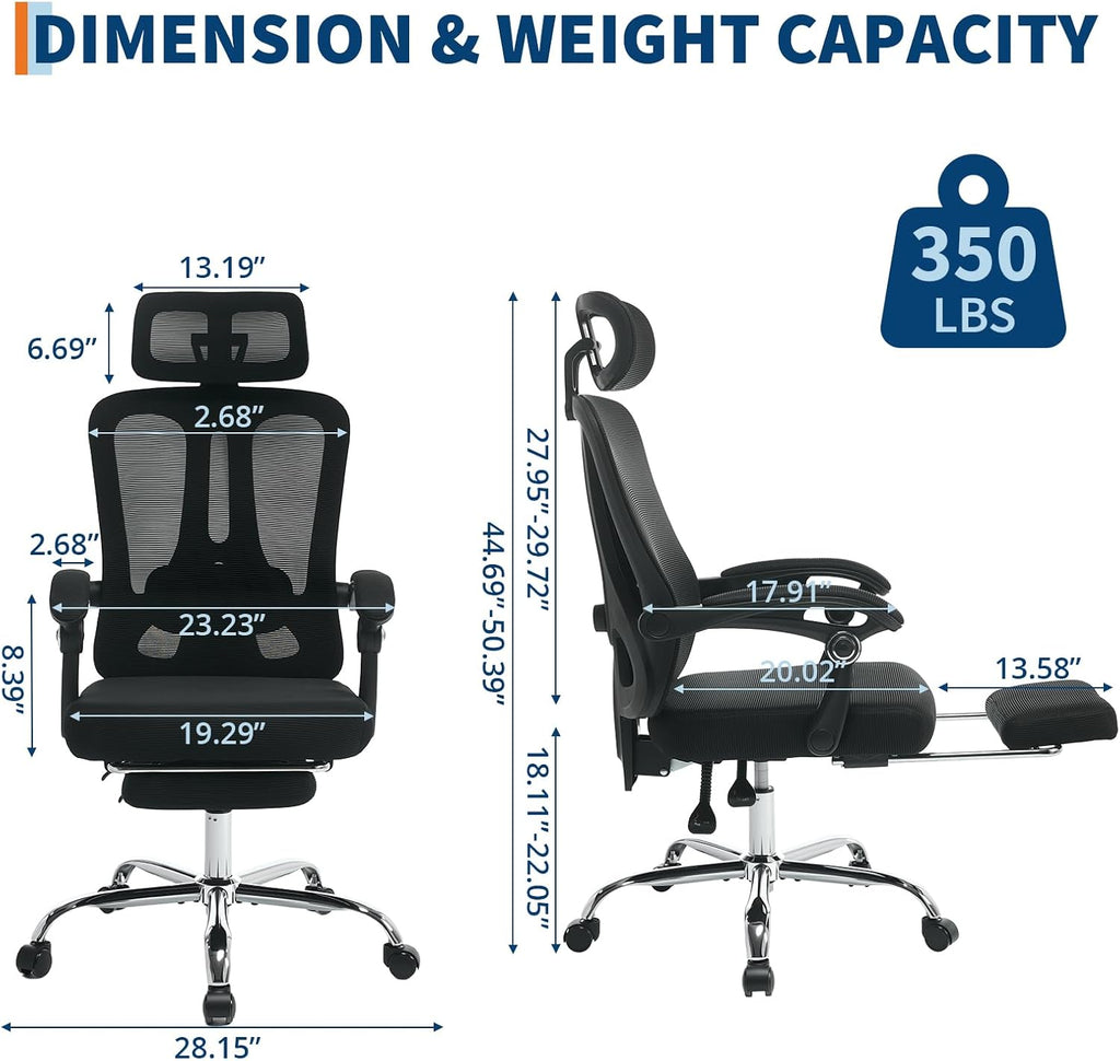 Mesh Ergonomic Office Chair with Footrest, Home Office Computer Desk Chair with Adjustable Headrest and Backrest, Comfortable Lumbar Support, Executive Desk Chair with Wheels 360 Swivel, Black