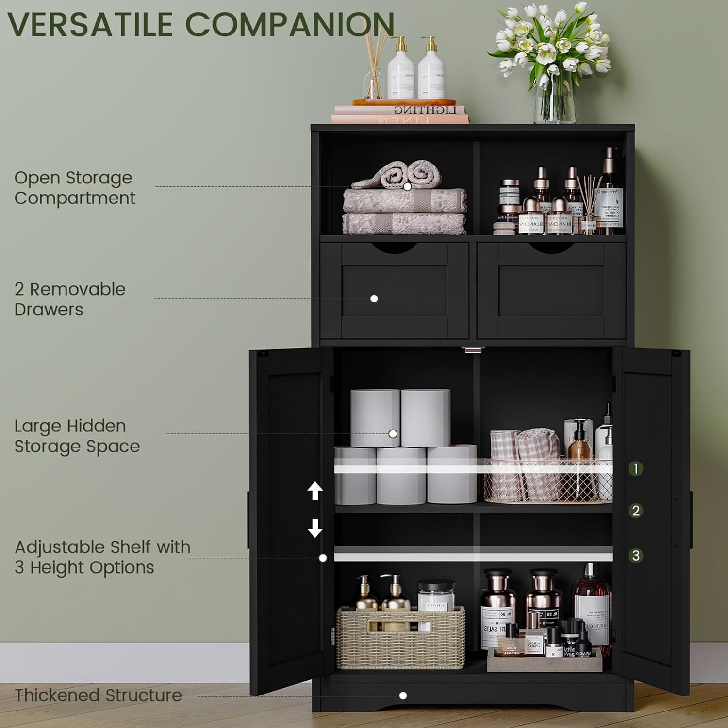 Iwell Storage Cabinet with Doors & Shelves, Kitchen Pantry Cabinet, Bathroom Cabinets for Living Room, Kitchen, Laundry, Black