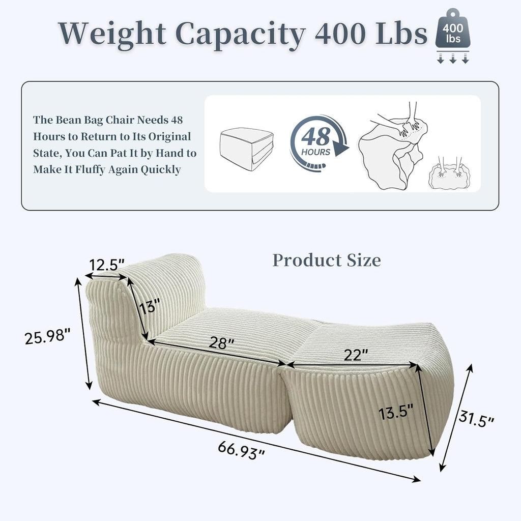 Large Memory Foam Bean Bag Chair for Adults – Big Lounger Sofa Seat for Living Room, Bedroom, or Balcony (Beige)