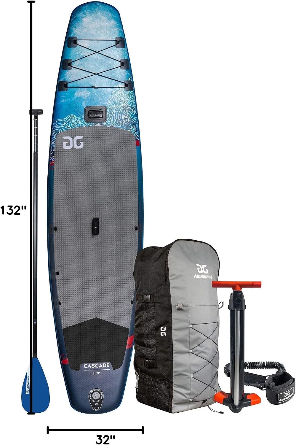 AQUAGLIDE Inflatable Stand Up Paddle Board with Premium SUP Accessories - Backpack, 3-Piece Wayfinder Leverlock Paddle, Fin, Leash, and Hand Pump - Cascade 11' ISUP, Multicolor, 40.15748031496063