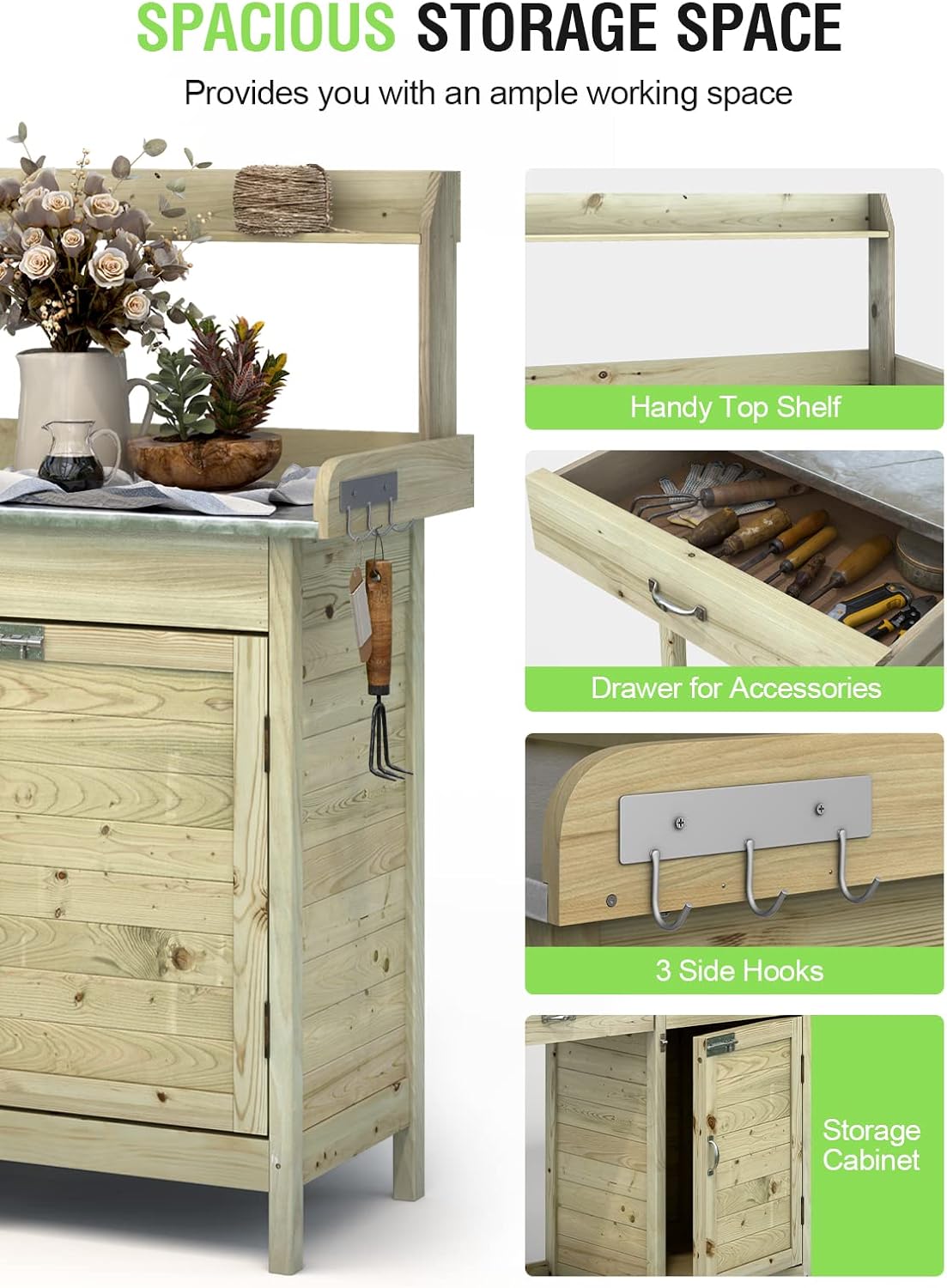 ARNOT Potting Bench,Outdoor Potting Bench Table with Sink and Storage Shelves, Wooden Garden Workstation for Gardening Tools, Planting, and Repotting – Natural Fir Wood (44' x 18' x 49.5')
