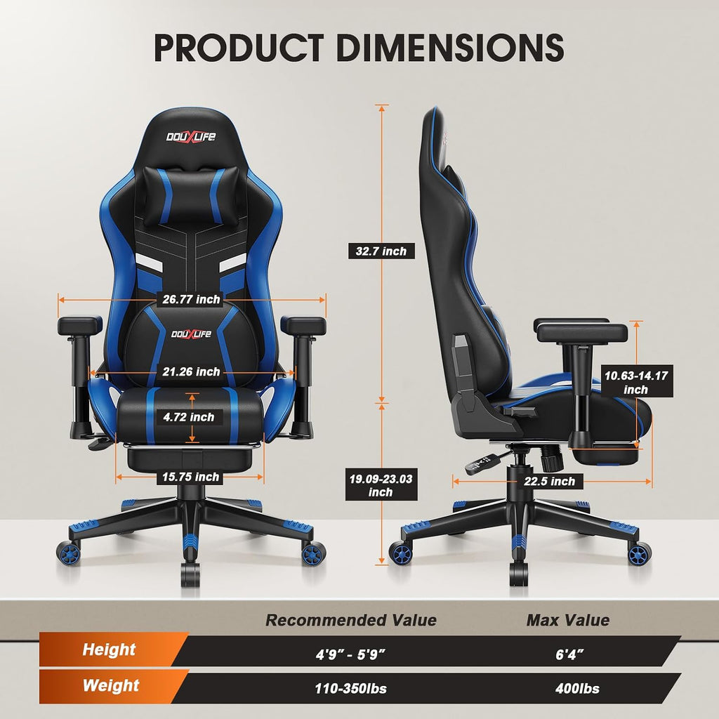 Douxlife 3D Kneading Massage Gaming Chair with Footrest, 400lbs Heavy Duty PC Computer Desk Chair for Adults, Adjustable 2D Armrests, Ergonomic 175° Recline & Optional Heat, Black&Blue
