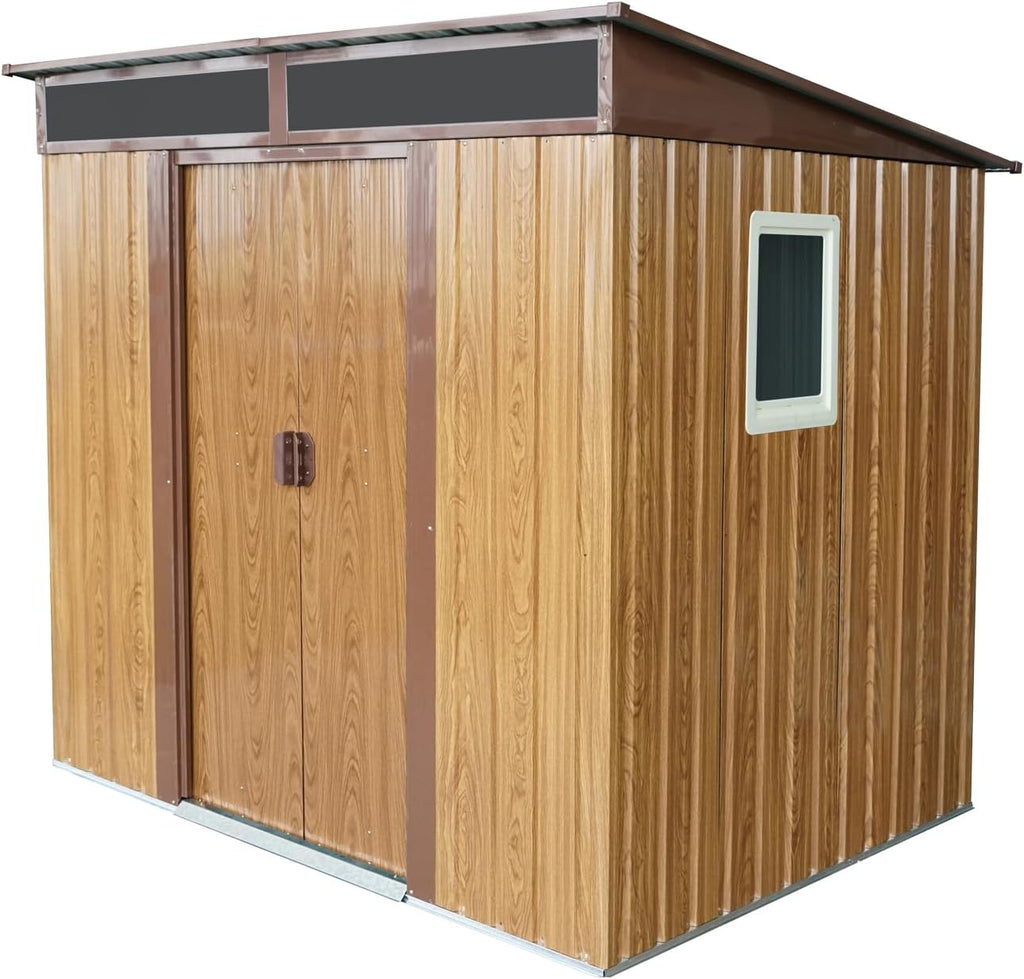 JT 6X4.5FT Outdoor Storage Shed, Galvanized Metal Garden Shed with Window and Metal Foundation, Tool Storage Shed for Patio Lawn Backyard (Coffee-with The window-6ftx4.5ft)
