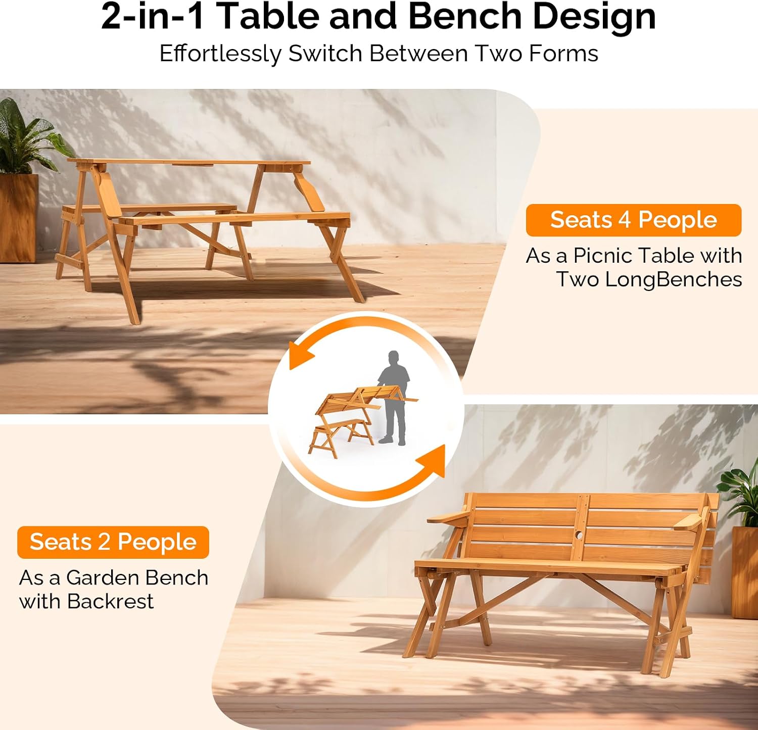 VINGLI 2-in-1 Outdoor Wooden Picnic Table and Bench Set with Umbrella Hole – Convertible Design for Garden, Patio, Porch, Deck – Natural Wood
