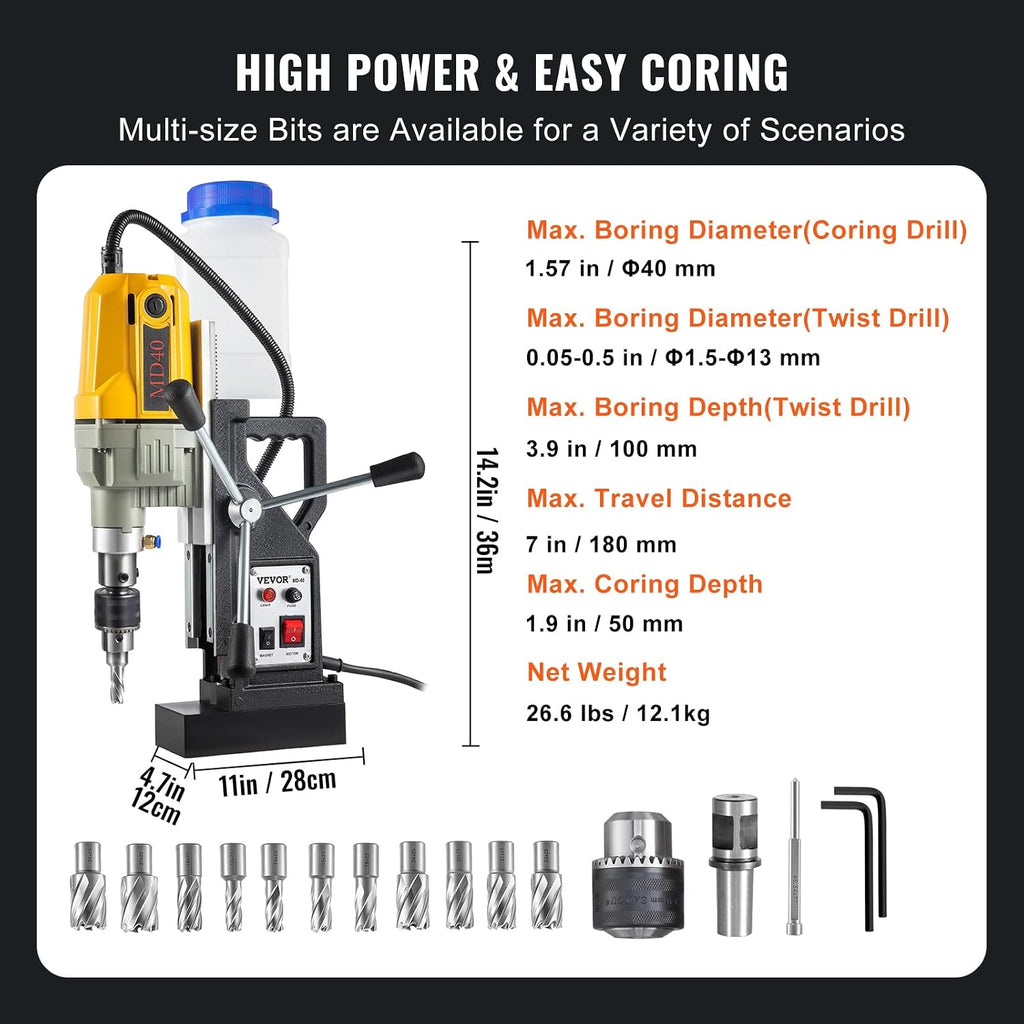 VEVOR Magnetic Drill, 1100W 1.57' Boring Diameter, 2697lbf/12000N Portable Electric Mag Drill Press with 12 Drilling Bits, 580 RPM Max Speed Drilling Machine for any Surface and Home Improvement