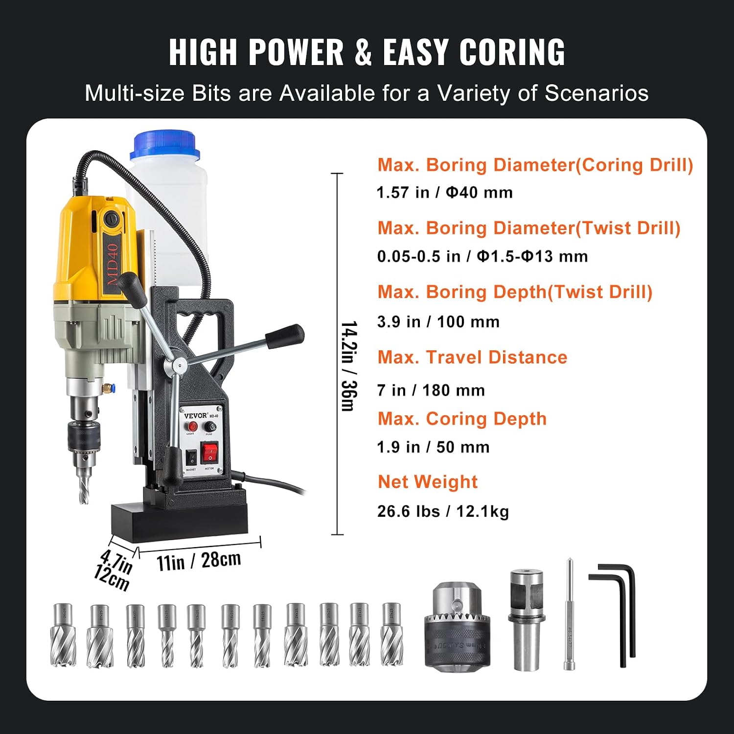 VEVOR Magnetic Drill, 1100W 1.57' Boring Diameter, 2697lbf/12000N Portable Electric Mag Drill Press with 12 Drilling Bits, 580 RPM Max Speed Drilling Machine for any Surface and Home Improvement