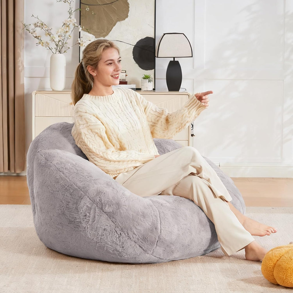 3.28 Feet Bean Bag Chair for Adults, Shell-Shaped Bean Bag Lazy Couch, Faux Fur Cloud Sofa Chair, Lounge Floor Sofa with Filler for Reading, Gaming & Watching, No Assembly Required (Light Grey)