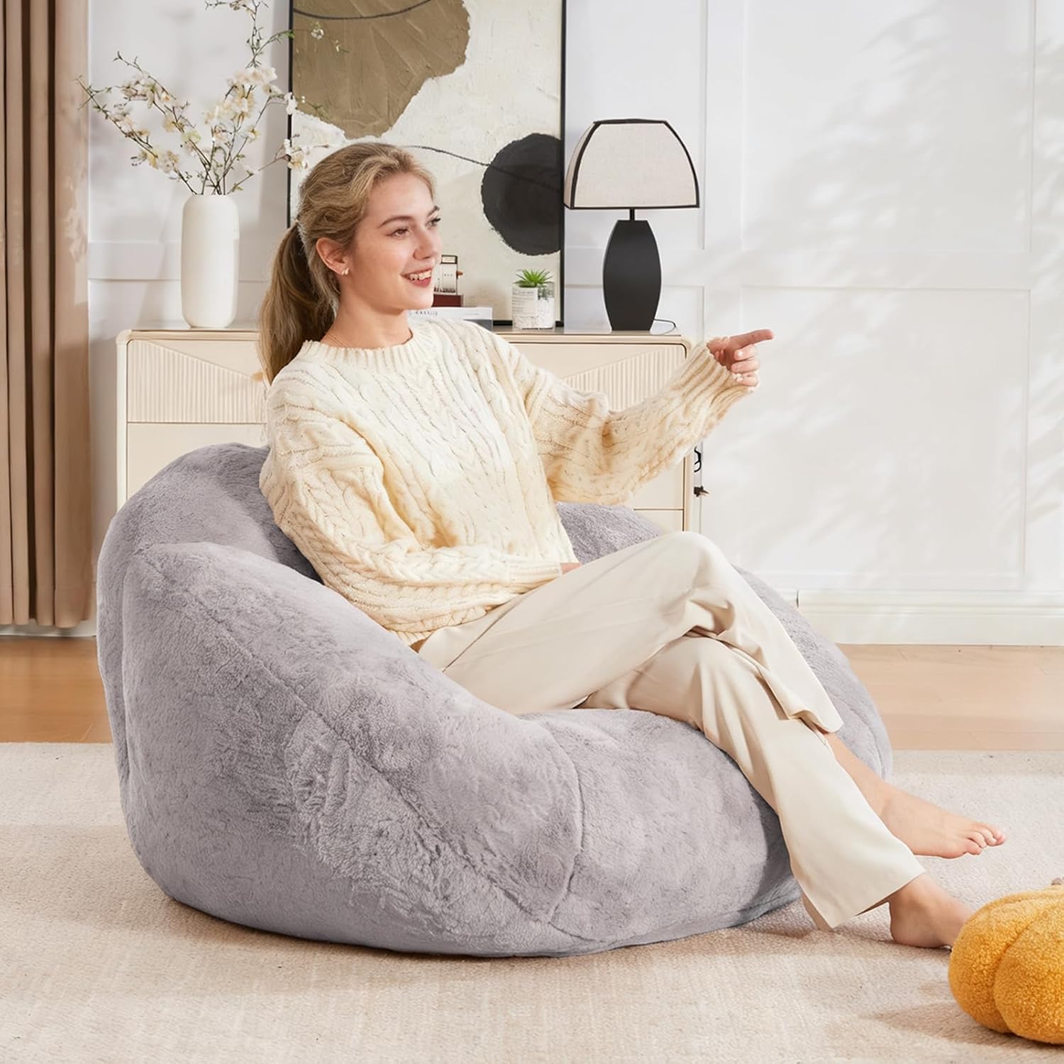 3.28 Feet Bean Bag Chair for Adults, Shell-Shaped Bean Bag Lazy Couch, Faux Fur Cloud Sofa Chair, Lounge Floor Sofa with Filler for Reading, Gaming & Watching, No Assembly Required (Light Grey)