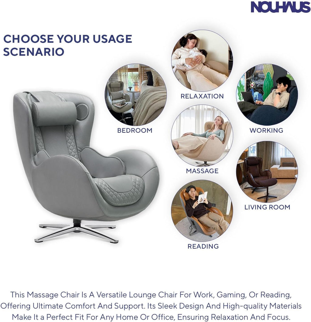 Nouhaus Heated Classic Massage Chair with Ottoman – Full Body & Spot Shiatsu Massager, Recliner with Bluetooth Speaker & in-Chair Charger – Portable & Ergonomic Design