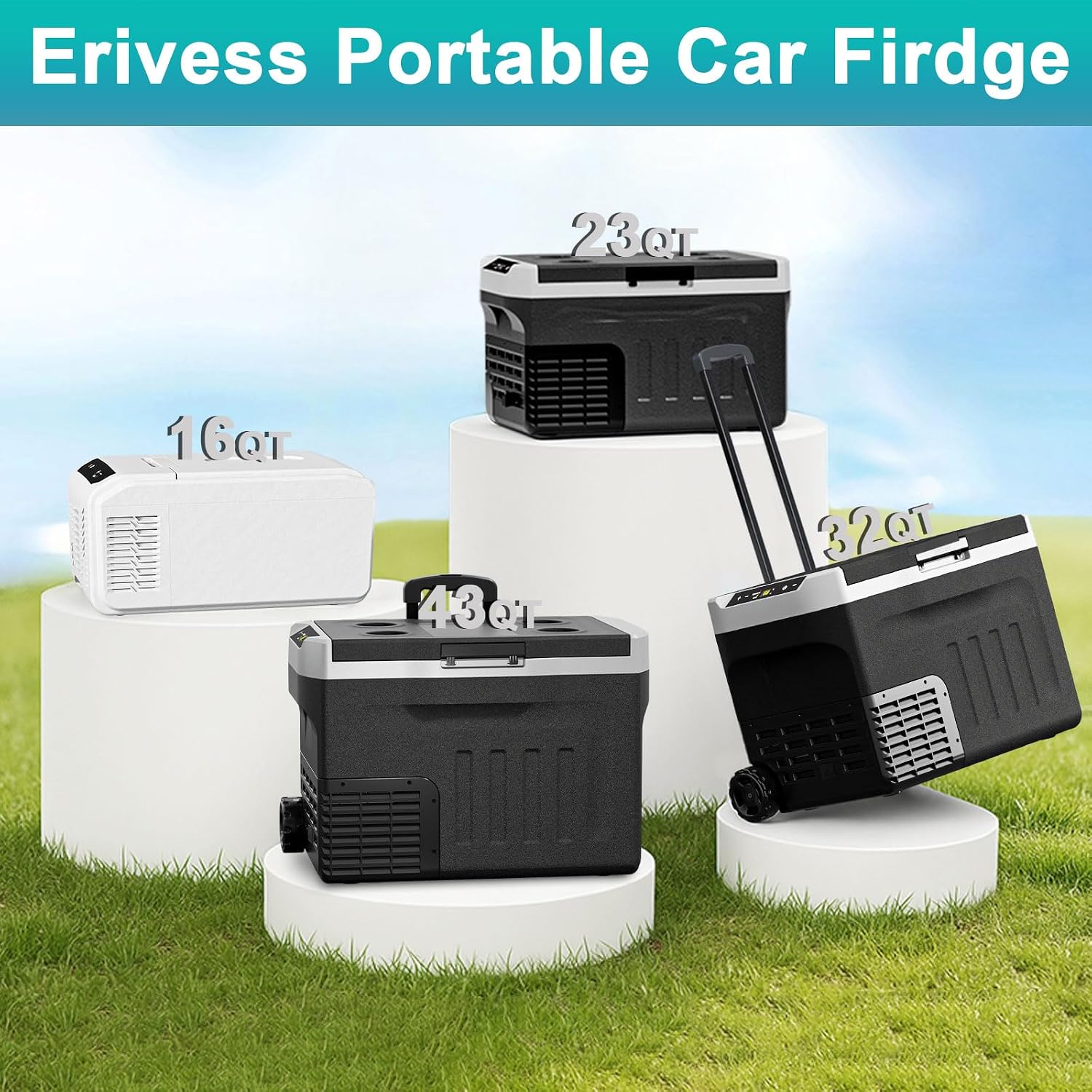 Erivess 12 Volt Portable Refrigerator, 32QT(30L) Electric Cooler, 12/24V DC & 110-240V AC, -4℉~68℉ Dual Mode Portable Freezer, 12V Car Fridge with Pull Rod & Wheels for Camping, Truck, RV, Boat