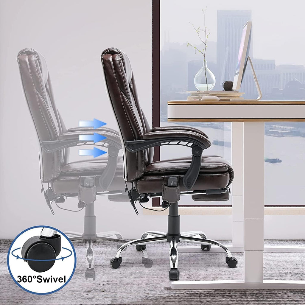 HOMREST 4-Point Massage Reclining Office Chair, Leather Heating Executive Chair, Ergonomic Home Office Desk Chair with Retractable Footrest,Computer Chair for Home Office, Study, Gaming (Brown)