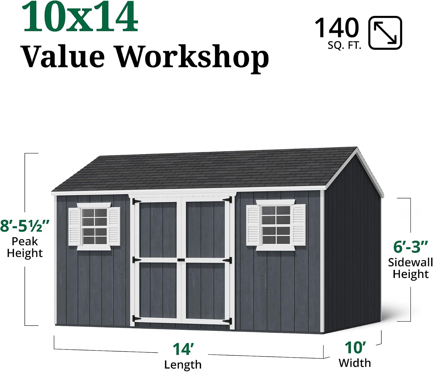 Little Cottage Co. 10x14 Value Workshop Shed with Operable Windows and Floor, Outdoor Wood Storage Do-It-Yourself Precut Kit