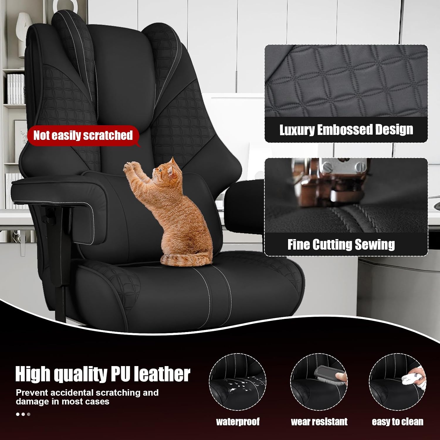 400lbs Big and Tall Office Chair, Wide Ergonomic Leather Executive Chair for Heavy People with Foot Rest, High-Back Reclining Computer Chair with Swivel Wheels and Lumbar Support (Black)