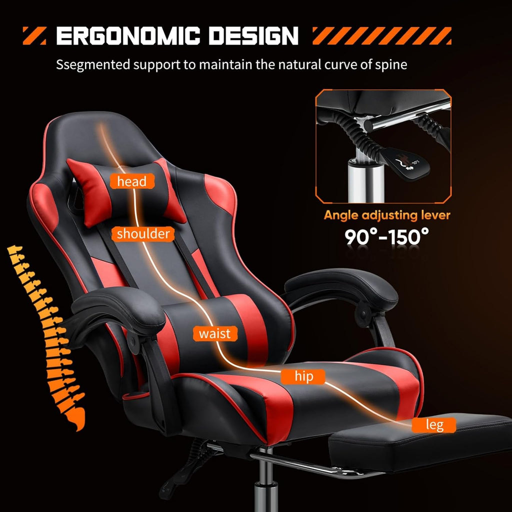 Heavy Duty Gaming Chair, Ergonomic Gamer Chair for Home Office with Footrest, Lumbar Support, Adjustable Backrest, Stable 360° Swivel Wheels for Adults, Professional Gamers and Teens, Red
