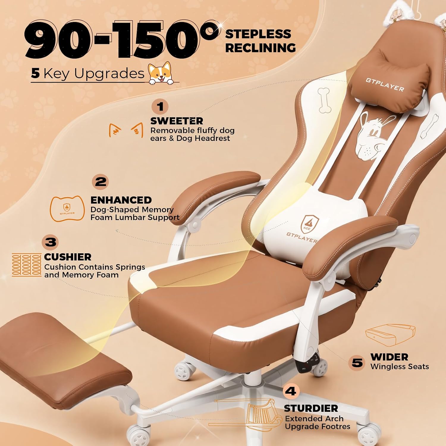 GTPOFFICE Cute Gaming Chair with Cat Ears, Ergonomic Computer Chair with Footrest Cat Paw Lumbar Support Comfortable Reclining Game Chair Desk Chair for Adult Teens, Soft Fabric, Brown