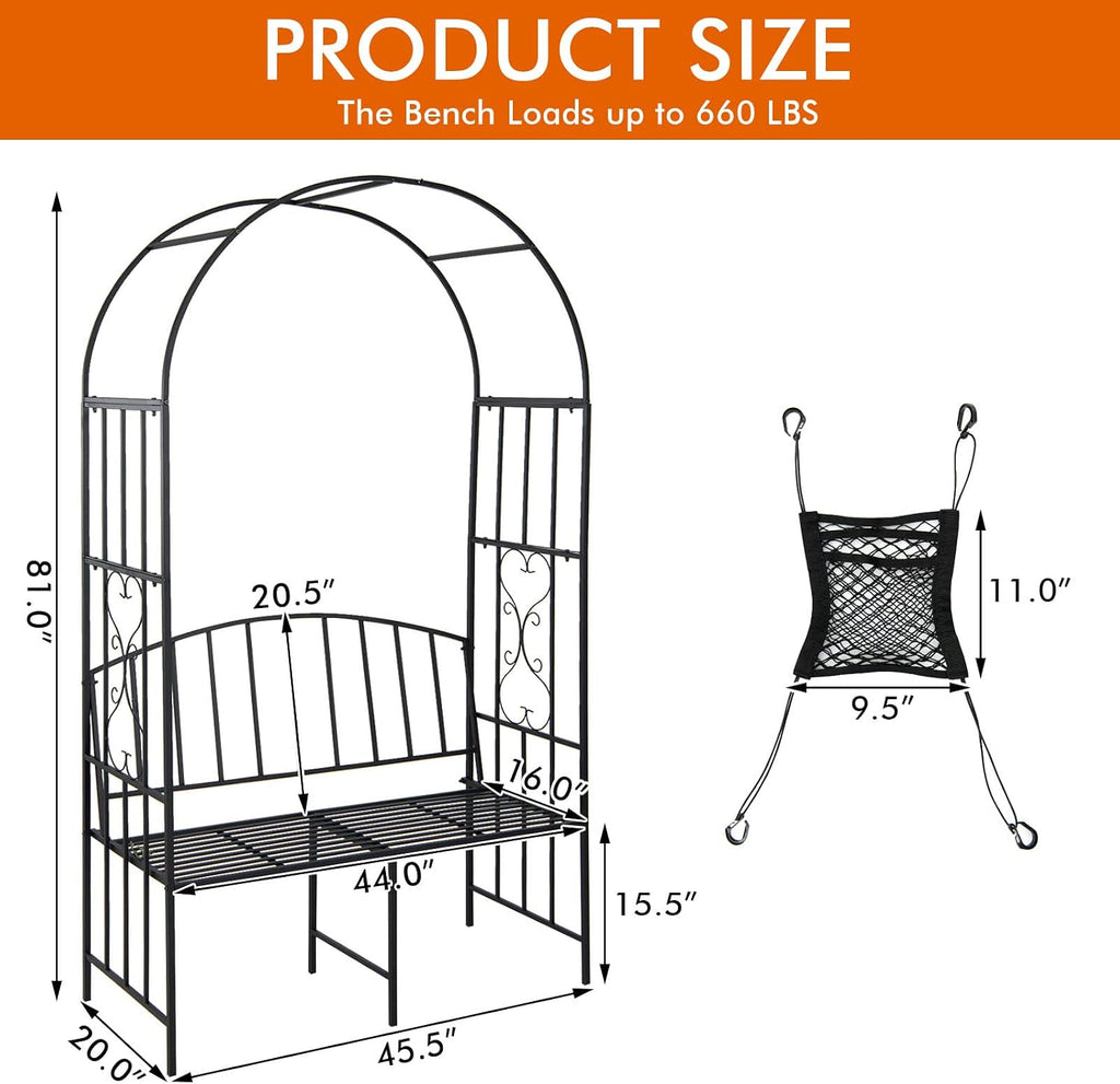 Giantex 81in Metal Garden Arch with Bench, Outdoor Garden Arbor Archway Trellis for Climbing Plants Vines, 2-Person Bench Loads 660 lbs, Patio Trellis Pergola Arches for Wedding Party Ceremony Decor