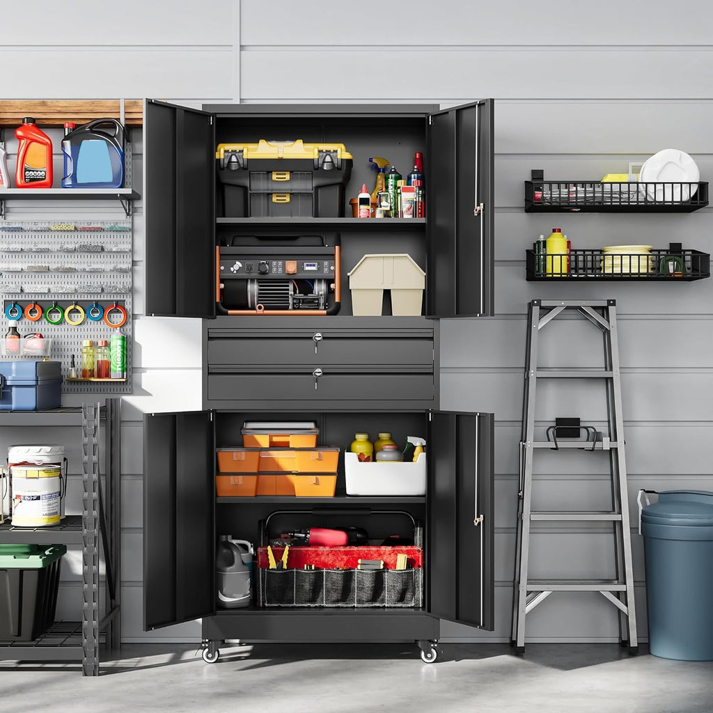 Letaya Metal Garage Storage Cabinet with Wheels,Rolling Tool Cabinet with 4 Door Lock-Adjustable Shelves and 2 Drawer for Garage Home Office Utility Room (Black with Wheels)