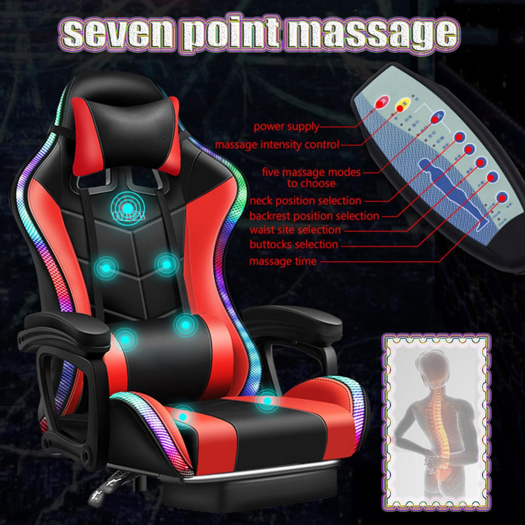 Gaming Chair with LED RGB Lights with Massage and Footrest Ergonomic Computer Chair High Back Video Game Chair with Adjustable Lumbar Support Linkage Armrest,White