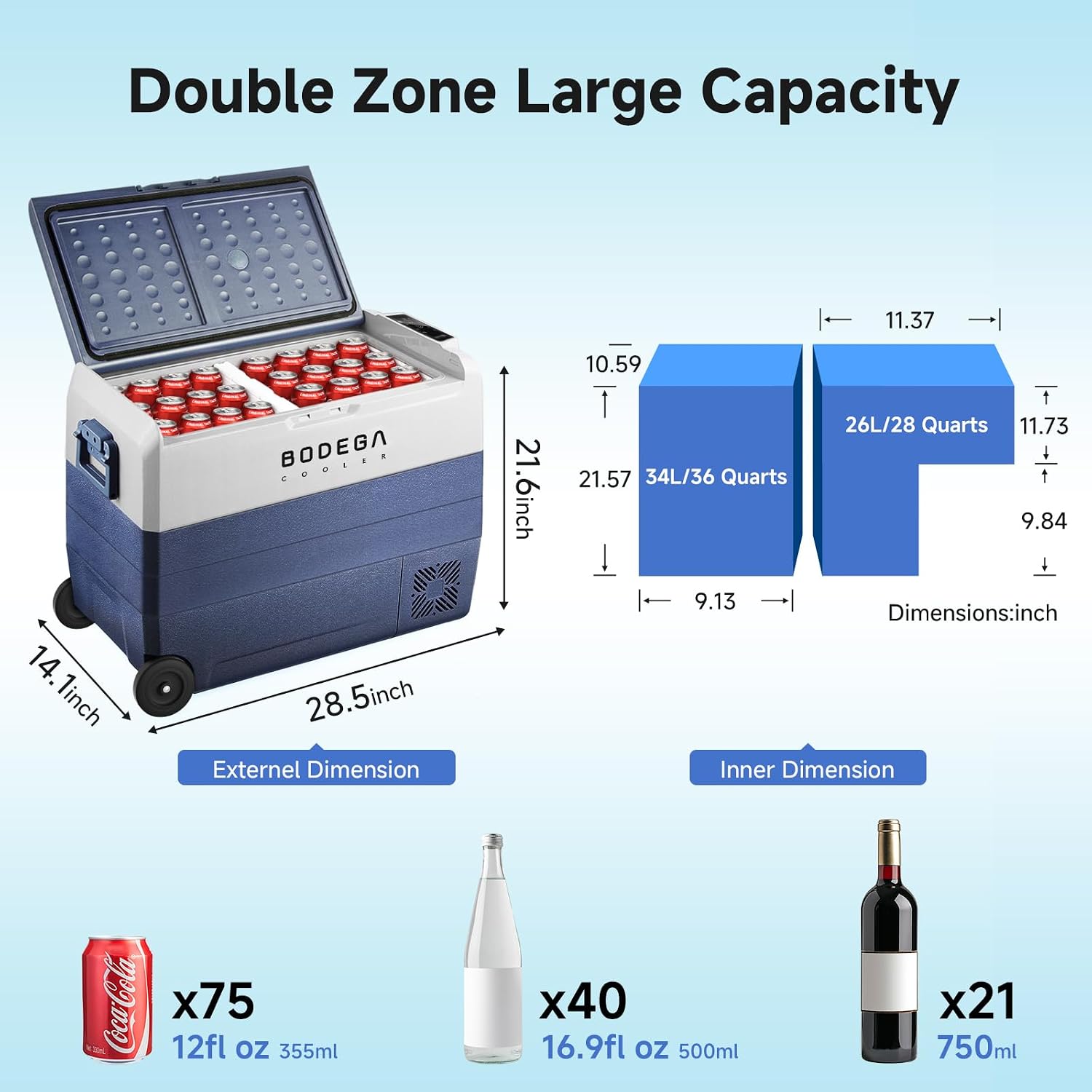 BODEGA COOLER 12 Volt Car Refrigerator,64 Quart Portable Fridge Cooler APP Control,-4℉-68℉ 60L Dual Zone Car Freezer Cooler, 12/24V DC and 100-240V AC for Camping,Travel,RV,Boat,Van,Road Trip