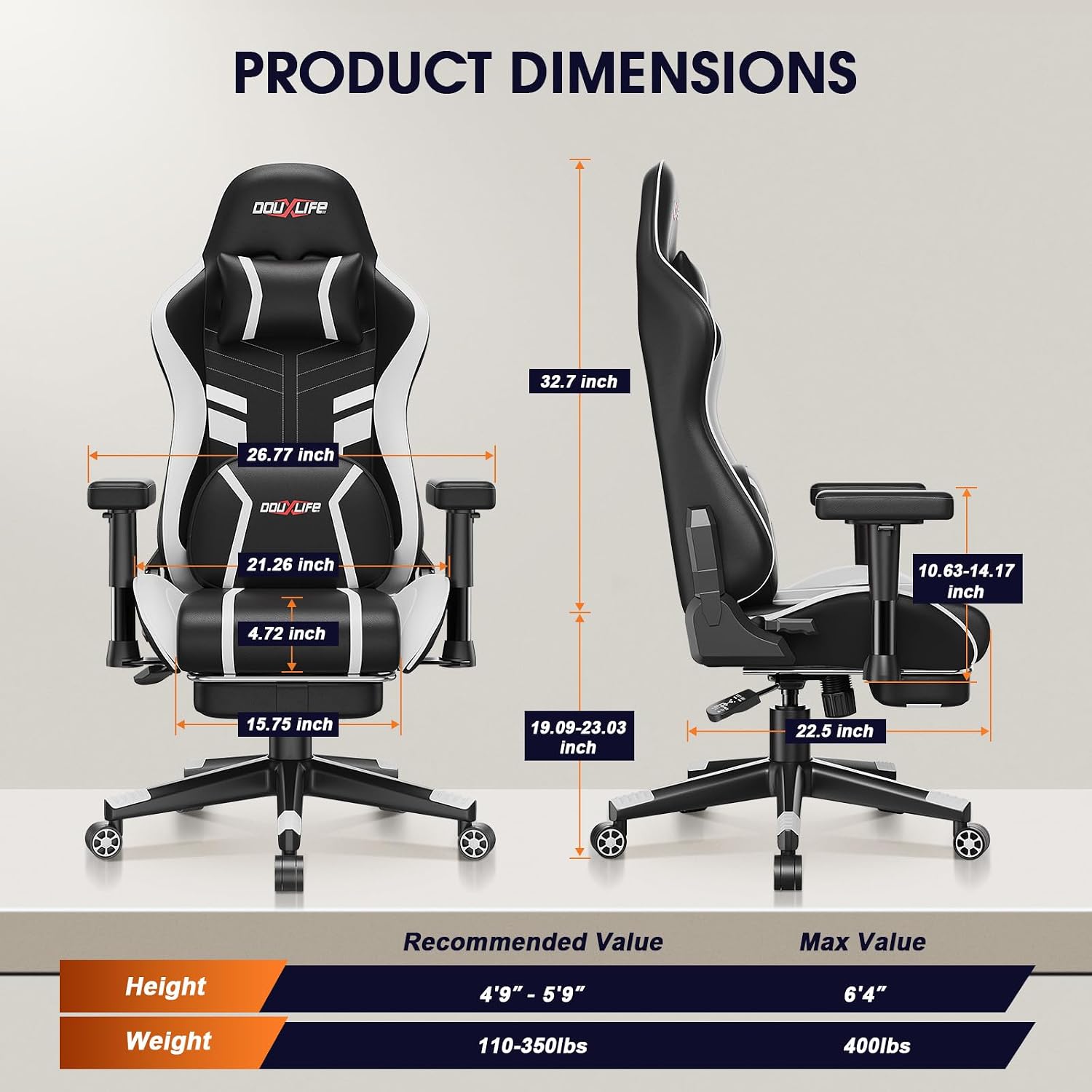 Douxlife 3D Kneading Massage Gaming Chair with Footrest, 400lbs Heavy Duty PC Computer Desk Chair for Adults, Adjustable 2D Armrests, Ergonomic 175° Recline & Optional Heat, Black&White