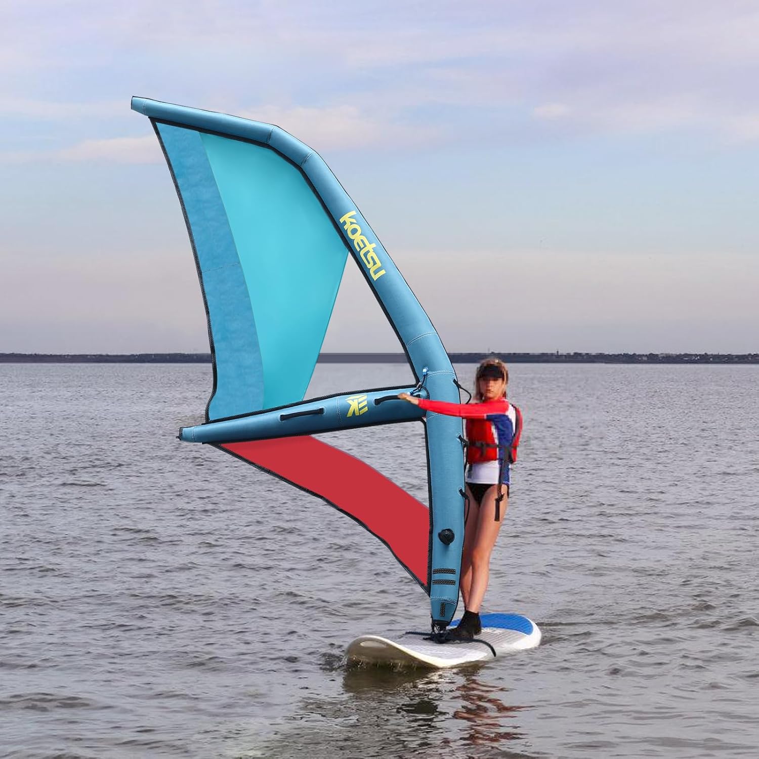 Paddle Board Sail, Inflatable Sail, Inflatable Sailing Sail, Professional Inflatable Paddle Board, Blue and Red, 45.21ft² Sail Area, 360° Base Rotation, Ideal for Windsurfing
