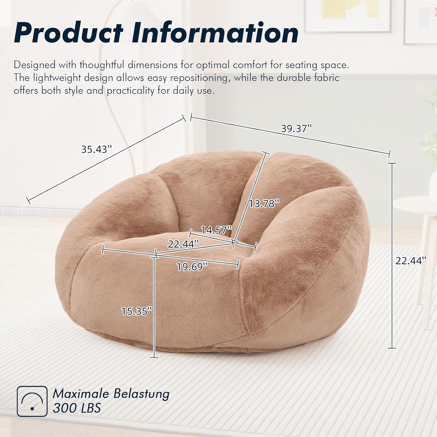 3.28 Feet Bean Bag Chair for Adults, Shell-Shaped Bean Bag Lazy Couch, Faux Fur Cloud Sofa Chair, Lounge Floor Sofa with Filler for Reading, Gaming & Watching, No Assembly Required (Camel)