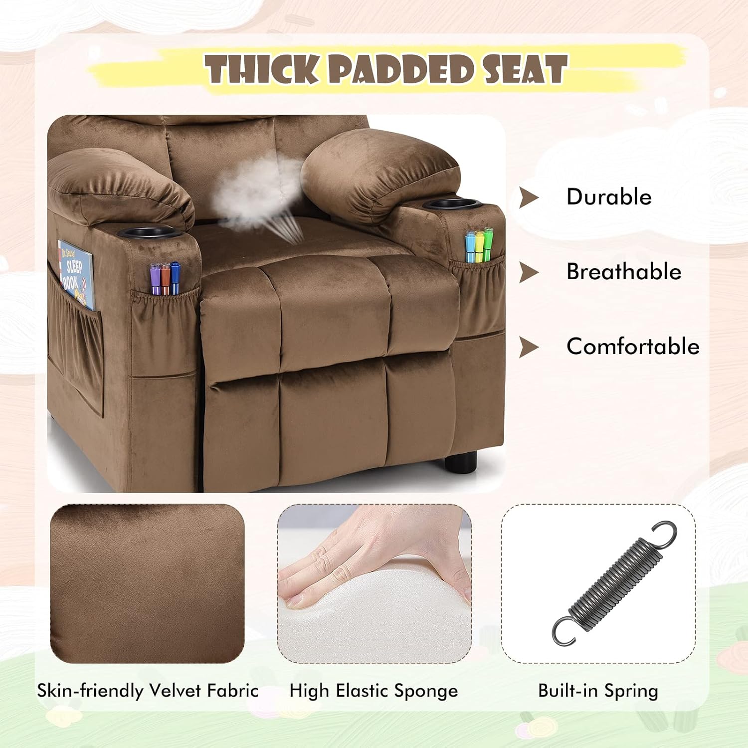 MAT EXPERT Kids Recliner, Velvet Adjustable Reading Chair w/ 2 Cup Holder, 3 Side Pocket Storage & Footrest, Kids Couch Gaming Chair, Toddler Lounge Chair for Boys Girls, Kids Room Playroom (Coffee)