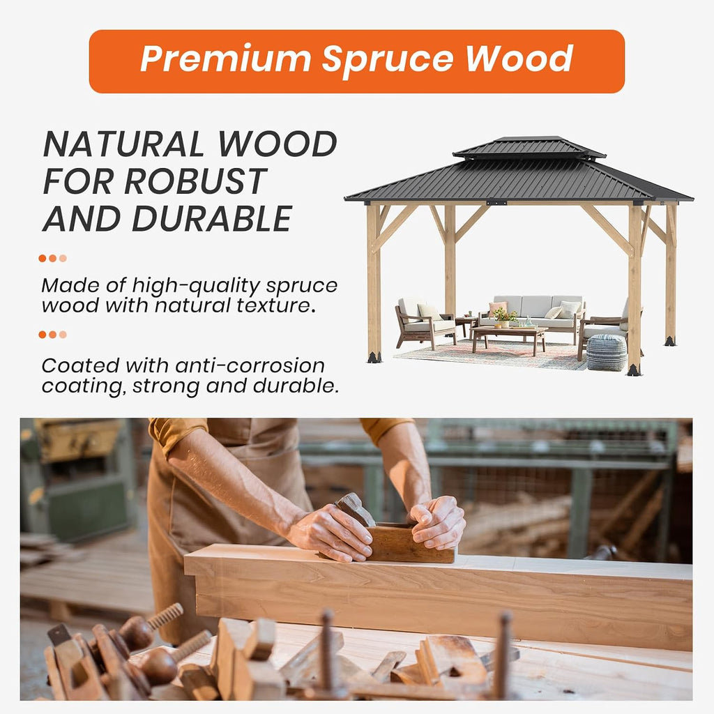 Outdoor Wooden Gazebo - Outdoor Patio Gazebo with Galvanized Steel Double Roof, Cedar Wooden Frame Pavilion, Pergolas for Garden, Lawn, Poolside (10X12FT)