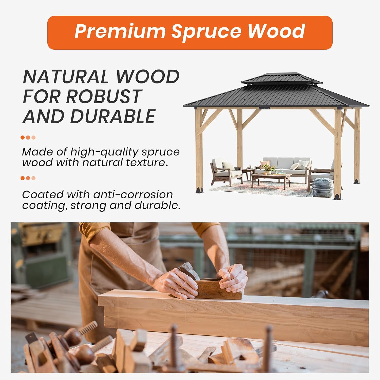 Outdoor Wooden Gazebo - Outdoor Patio Gazebo with Galvanized Steel Double Roof, Cedar Wooden Frame Pavilion, Pergolas for Garden, Lawn, Poolside (10X12FT)