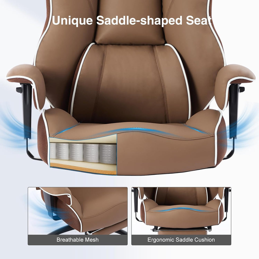 DJ·Wang Big and Tall Office Chair with Foot Rest, High Back Executive Office Chair PU Leather, Ergonomic Chairs with Lumbar Support, 135° Reclining Chairs with Thickened Spring Cushion Brown
