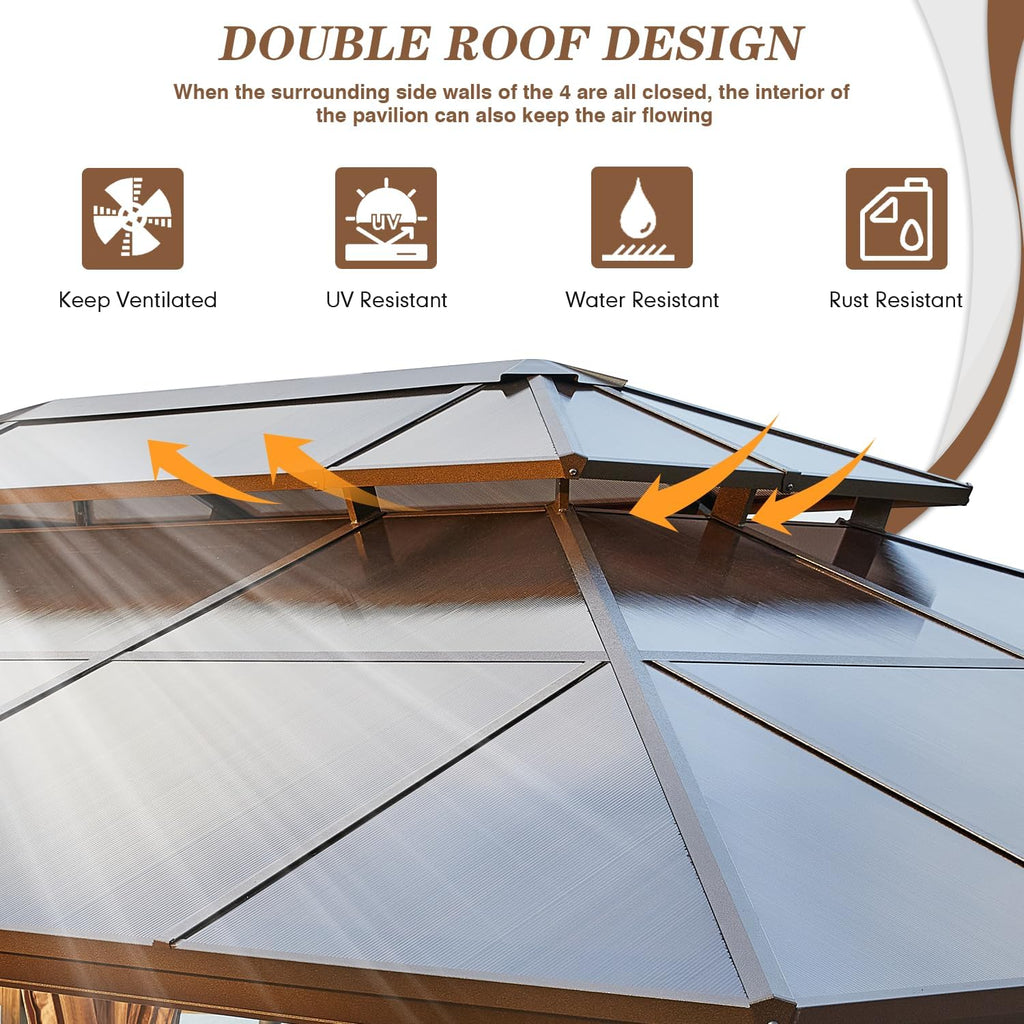 EROMMY 12'x16' Gazebo Polycarbonate Double Roof Pavilion Gazebo Outdoor Aluminum Frame Canopy with Netting and Curtains for Garden Patio Lawns Parties